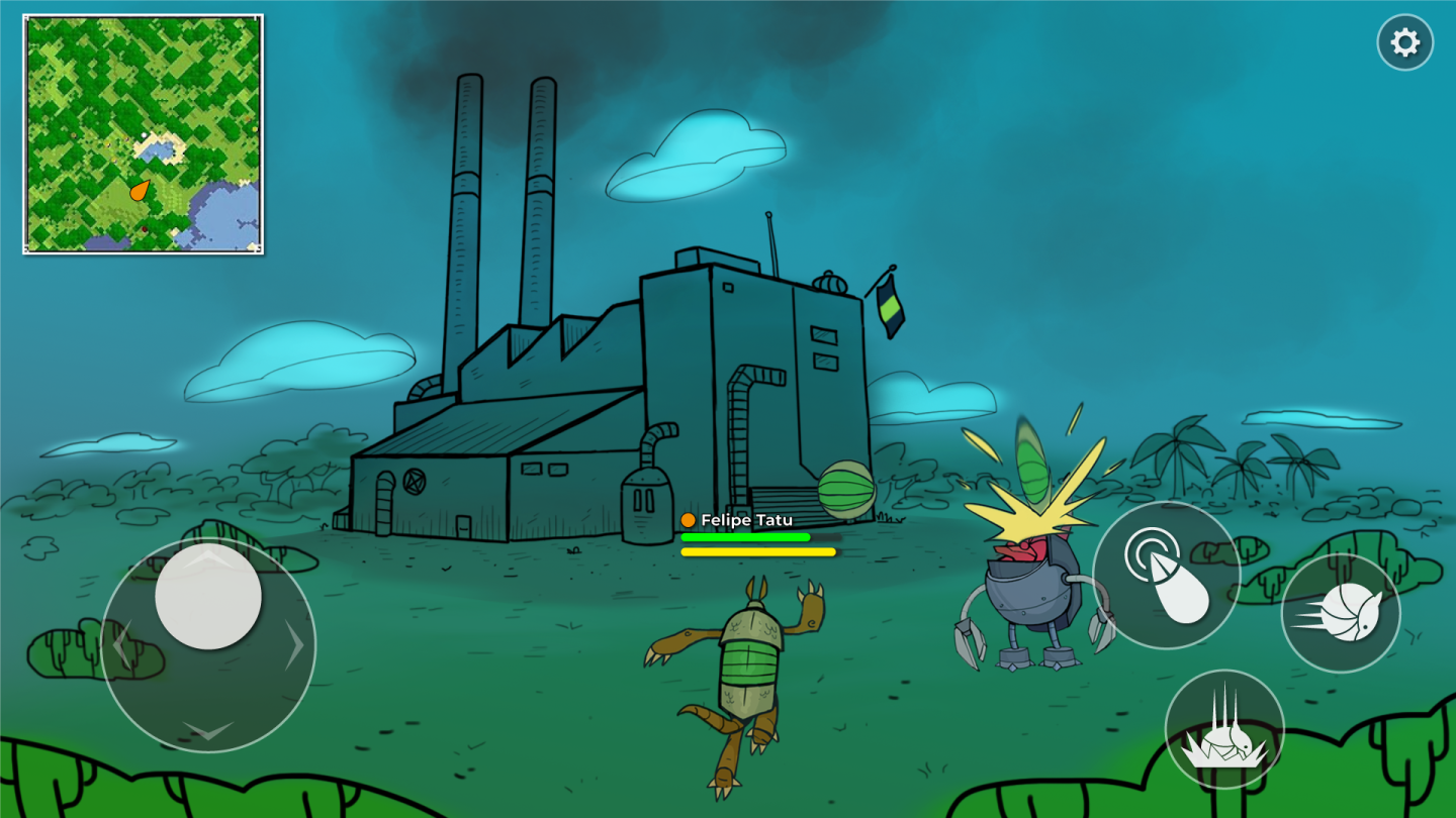 A screen shot of the game design. An armadillo like creature is running over a field of grass towards a factory. There is dark smoke coming from the factory.
