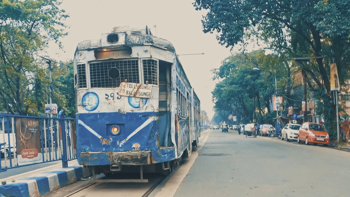 A blue and white city tram is standing at a tramstop. There are green trees on the side of the street and cars in the background